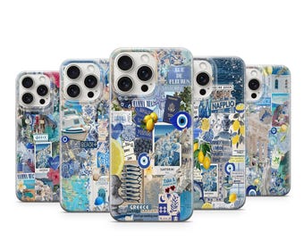 Funda para teléfono de Grecia con collage inspirado en Santorini, estética azul costera, estilo mediterráneo veraniego, para iPhone 11, iPhone 12, iPhone 13 y iPhone 14.