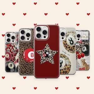 Custodia per telefono Y2k 8 Ball Leopard Custodia per palla da biliardo Lucky Red Custodia con stampa leopardata per iPhone 11 iPhone 12 iPhone 13 iPhone 14 iPhone 15 iPhone 16