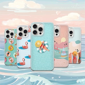 May include: Four different phone cases with summer-themed designs. The cases are all clear and have a variety of colors and patterns. One case features a flamingo, another a woman on a float, another a sailboat, and the last one a cartoon dog.
