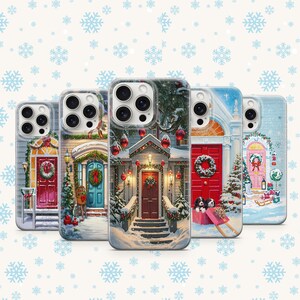 May include: Five phone cases with winter holiday scenes. Each case features a different house with a decorated door, snow, and festive decorations. The doors are various colors, including red, pink, and blue, with wreaths and lights.