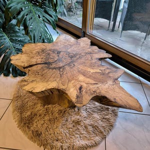 May include: A coffee table featuring a natural live edge wood slab top with a prominent grain pattern and dark, intricate wood markings. The table is supported by a thick, solid wood base and rests on a round, shaggy, light brown rug.