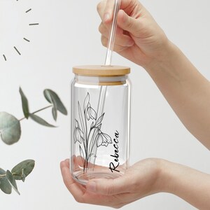 Personalized Birth Flower Tumbler, Bridesmaid Proposal Gift, Gifts for Her, Birthflower Glass Cup With Lid And Straw, Mother&#39;s Day Gift