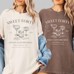 T-shirt 40e anniversaire Comfort Colors®, t-shirt cocktail personnalisé, cadeau 40e anniversaire, chemise voyage fille assortie, t-shirt fête d&#39;anniversaire 1985