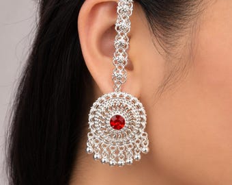 Pendientes Jhumka Godawari nepalíes / Joyería tradicional con cadena / Pendientes chapados en oro y plata / Joyería cultural con piedra roja