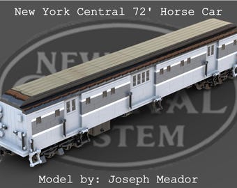 Könnte beinhalten: Ein weißes und graues Lego-Modell eines New York Central 72' Horse Car. Das Modell hat ein braunes Dach und schwarze Räder. Das Modell befindet sich auf einem grauen Hintergrund mit den aufgedruckten Wörtern "New York Central" und "STEM".