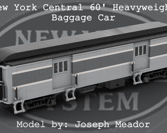 Könnte beinhalten: Ein grauer und schwarzer Modell-Wagen mit den Worten "New York Central 60' Heavyweight Baggage Car" und "NEW" an der Seite. Der Wagen hat drei Fenster und ein schwarzes Dach. Der Text "Model by: Joseph Meador" befindet sich am unteren Rand des Bildes.