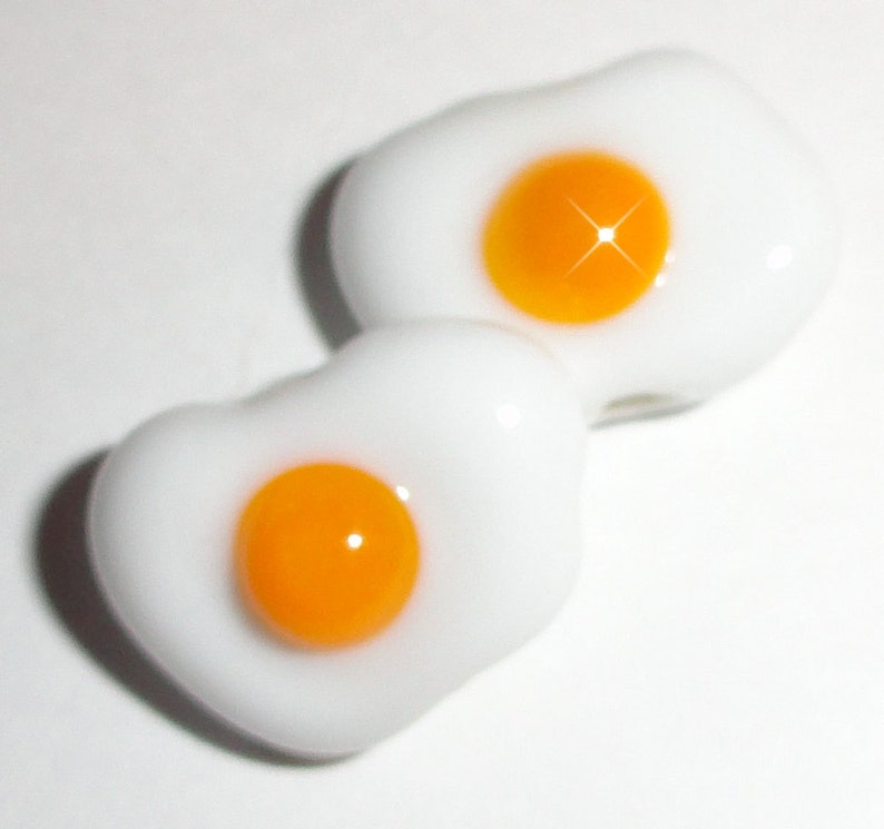 Yust a Yolk......Set of 2 Eggs, Handmade Lampwork Beads poached chicken farm hen egg rooster white yellow Beatlebaby Glassworks SRA image 5