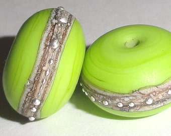 Silvered Bright Pea.. Two Handmade Lampwork Glass Beads lime green silver beach sea glass sterling summer Beatlebaby