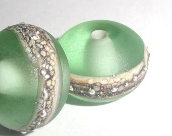 Silvered Ice Green ...Set of -2-  Handmade Lampwork Glass Beads  silver beach sea glass pair summer ocean earring Beatlebaby
