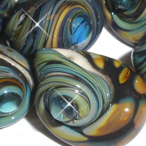 ESCARGOT...Set of 6 Shiny or Etched Handmade Lampwork Raku glass Beads shell snail beach summer ocean water sea shore Beatlebaby Maineteam