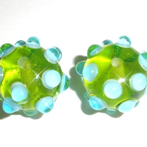 GOOSE BUMPS in Lime ands Aqua.... One Pair of Handmade Lampwork Beads earring dots bright green citrus...BeatleBaby Glassworks image 3