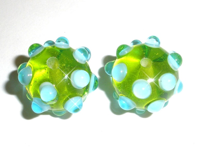 GOOSE BUMPS in Lime ands Aqua.... One Pair of Handmade Lampwork Beads earring dots bright green citrus...BeatleBaby Glassworks image 3