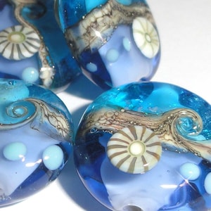 Sparkling Sea Tabs...Set of FOUR Lampwork Glass Beads...sparkle aqua ocean water blue swirl beach Beatlebaby SRA handmade