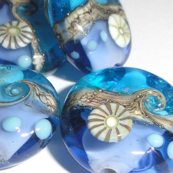 Sparkling Sea Tabs...Set of FOUR Lampwork Glass Beads...sparkle aqua ocean water blue swirl beach Beatlebaby SRA handmade