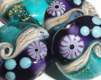 Sparkling Sea Tabs in Violet and Teal. Set of four Handmade Lampwork Glass Beads, ocean water beach sparkle  BeatleBaby