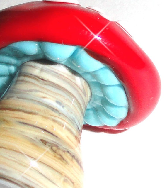 Dreaded Mushie in Red and Turquoise  Lampwork Glass Mushroom Bead... 5mm or 8 mm hole for Dreads..Dreadlock....BeatleBabyGlassworks