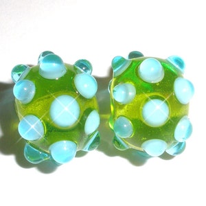 GOOSE BUMPS in Lime ands Aqua.... One Pair of Handmade Lampwork Beads earring dots bright green citrus...BeatleBaby Glassworks image 2