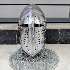 Medieval Bascinet Steel Cross Helmet Medieval Steel Guardian Helmet Medieval Crusader Visor Helmet w Chainmail For Cosplay , Buhurt , Gift