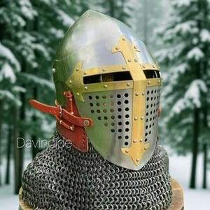 Medieval Visor Helmet with Chainmail Aventail | 14th Century Bascinet Knight Helmet | Crusader Armor Helmet | LARP, SCA,Cosplay, Reenactment