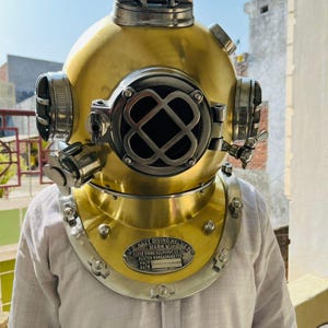 Antique 18&quot;Diving Helmet US Navy Mark V Divers Helmet Replica Reproduction Brass Matte Antique Finish With Chrome Nickel - Gift For Nautical