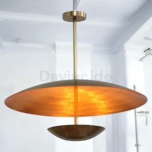 1950s 3 Light Elegant Gold Brass Dish Modern Brass Pendant Light - Minimalist Mid-Century Hanging Light Fixture Halloween  Christmas Day