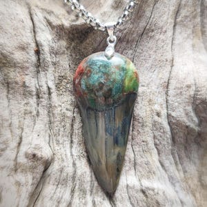 Fossilised shark tooth with resin (Green+Red )