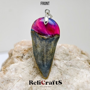 Fossilized shark tooth with resin (Red/clear blue)