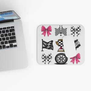 Racing Mouse Pad with Pink Bows, Desk Accessory, Office Decor, Computer Pad, Game Room Decor