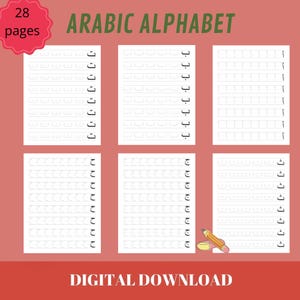 Könnte beinhalten: Ein druckbares Arbeitsblatt zum Erlernen des arabischen Alphabets. Das Arbeitsblatt umfasst 28 Seiten und enthält Übungslinien zum Schreiben jedes Buchstabens. Der Text "ARABISCHES ALPHABET" befindet sich oben auf der Seite. Der Text "DIGITALER DOWNLOAD" befindet sich unten auf der Seite.