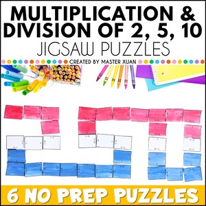 May include: A colorful educational graphic with the text "MULTIPLICATION & DIVISION OF 2, 5, 10 JIGSAW PUZZLES" and "6 NO PREP PUZZLES." The image features jigsaw puzzle pieces in red, white, and blue, along with crayons and markers.