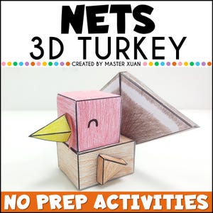 Könnte beinhalten: Ein 3D-Truthahn aus Papier, hergestellt aus geometrischen Formen. Der Truthahn hat einen rosa Kopf mit einer schwarzen gebogenen Linie für einen Schnabel, einen gelben Schnabel und einen braunen Körper. Der Text "NETS 3D TURKEY" und "NO PREP ACTIVITIES" werden angezeigt.