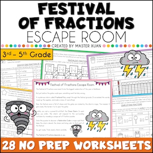 Op de afbeelding: Een kleurrijke educatieve werkbladenreeks getiteld "Festival of Fractions Escape Room" voor groep 3-5. De afbeelding toont verschillende breukproblemen, cartoonafbeeldingen van een tornado en onweerswolk met bliksem, en de tekst "28 NO PREP WORKSHEETS".