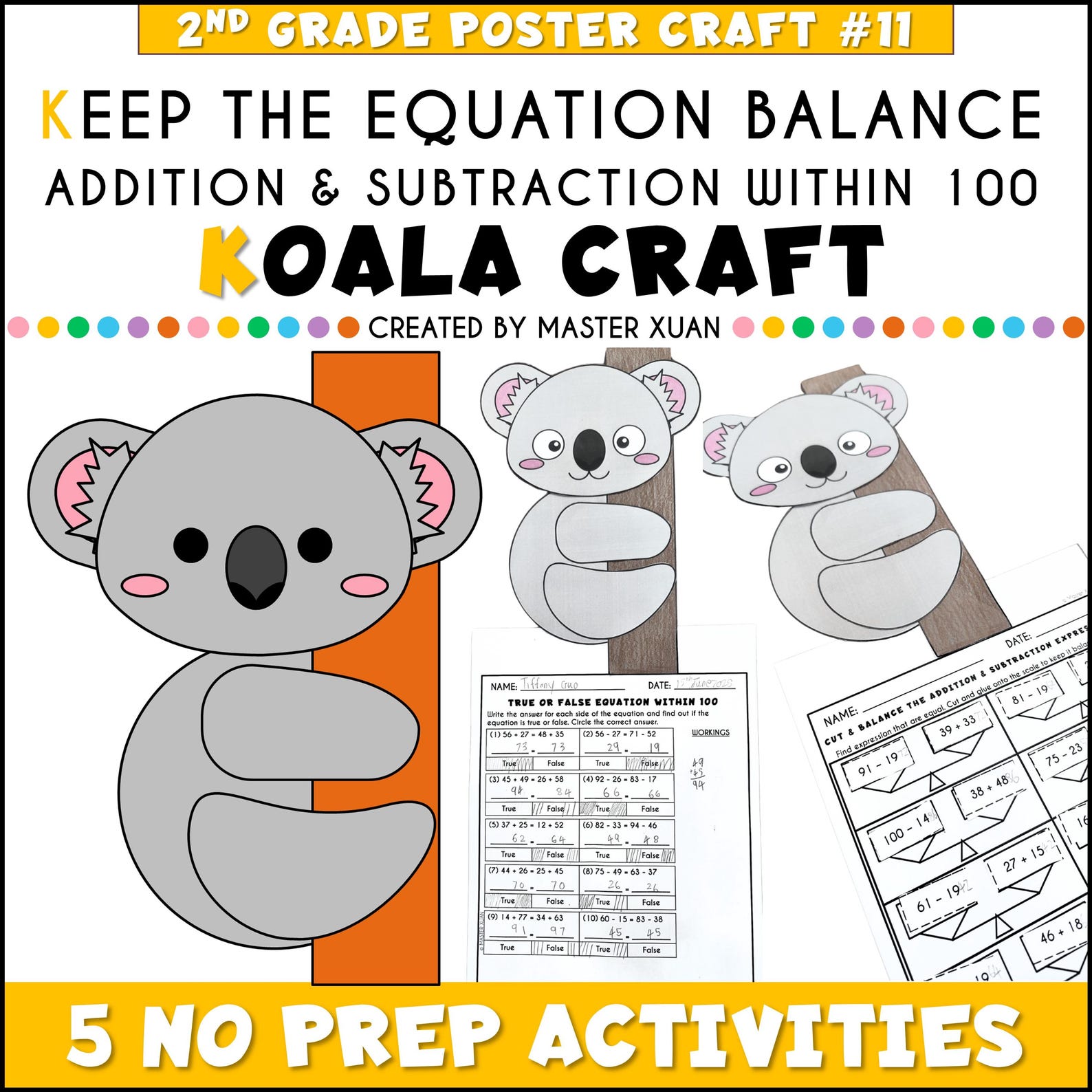 Koala Craft, Balancing & Solving One Step Equations With Addition and ...