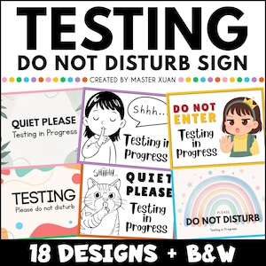 Può includere: Una collezione di cartelli "Non disturbare" con vari design. I cartelli presentano testo come "Testing", "Quiet Please" e "Do Not Enter", insieme a illustrazioni di una persona, un gatto e un arcobaleno. I cartelli sono disponibili in 18 design più bianco e nero.