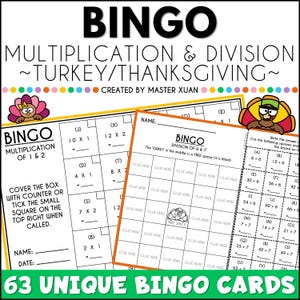 Division and Multiplication Math Drills For 3rd Grade Thanksgiving Math Games With Turkey Theme Bingo Games For Third Grade Math Activity