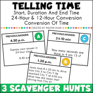 Telling Time Scavenger Hunt-spellen voor kinderen van de derde graad, wiskundeactiviteiten voor kinderen, vierde leerjaar: duur en tijdseenheden, 24-uurs activiteit