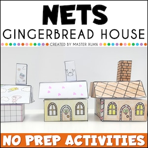May include: A colourful image shows paper gingerbread houses with drawn details. The houses have arched windows, doors, and decorative roofs. The text "NETS GINGERBREAD HOUSE" is at the top, with "NO PREP ACTIVITIES" at the bottom.