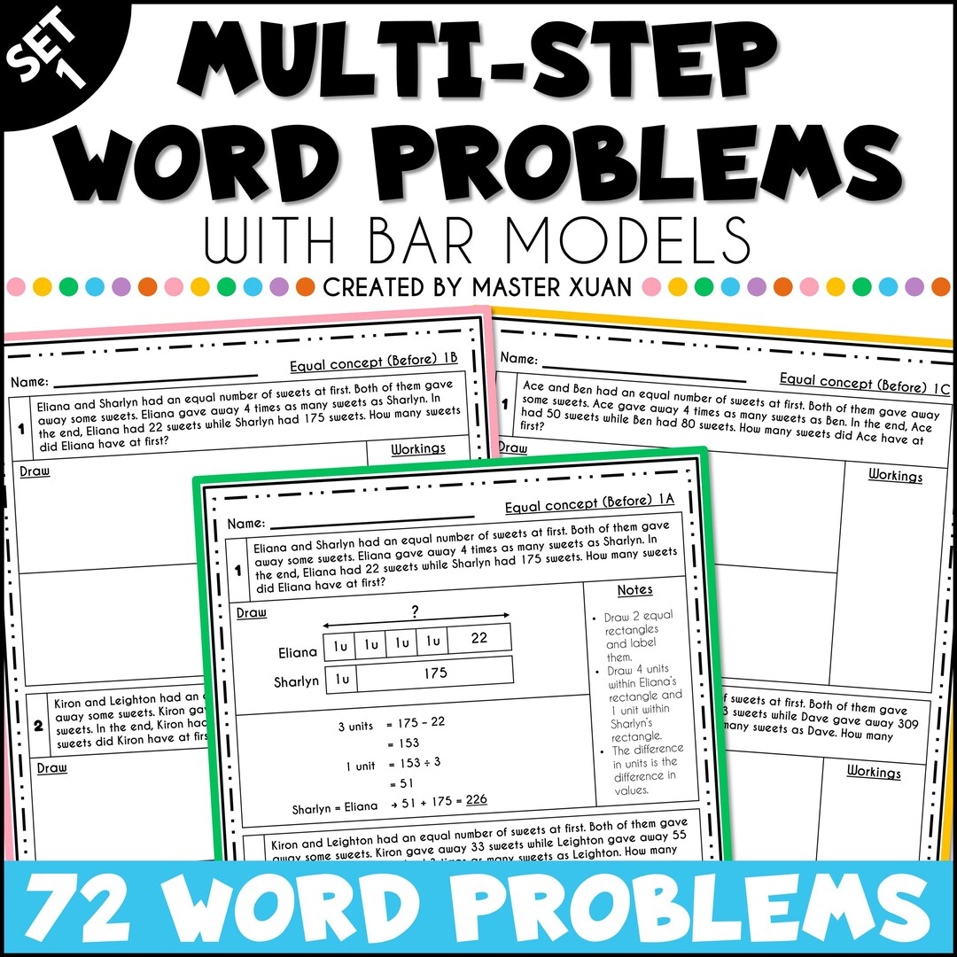 4th Grade 2 Step and Multistep Math Word Problems With Bar Model ...