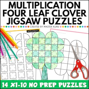 Puede incluir: Una colorida hoja de trabajo educativa presenta problemas de multiplicación en formato de rompecabezas de trébol de cuatro hojas. La imagen incluye lápices, tijeras y el texto "Multiplication Four Leaf Clover Jigsaw Puzzles" y "14 X1-10 No Prep Puzzles."