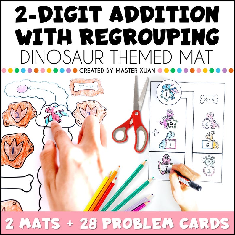 Double Digit Addition With Regrouping Mat 1st 2nd Grade Dinosaur Math