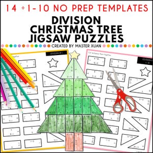 May include: Educational division Christmas tree jigsaw puzzle worksheets with math problems, colored pencils, and red-handled scissors. The text reads 14 ÷ 1-10 NO PREP TEMPLATES, DIVISION CHRISTMAS TREE JIGSAW PUZZLES, and CREATED BY MASTER XUAN.
