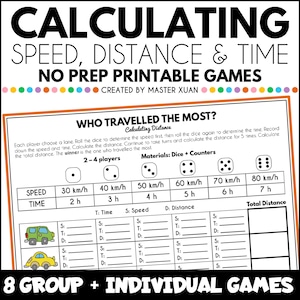 Op de afbeelding: Een printbaar spel voor 2-4 spelers om snelheid, afstand en tijd te berekenen. Het spel bevat een tabel met verschillende snelheden en tijden, en spelers gooien met dobbelstenen om de snelheid en tijd voor elke beurt te bepalen. Het spel is ontworpen om leerlingen te helpen leren over het berekenen van afstand.