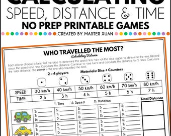 Puede incluir: Un juego imprimible para 2-4 jugadores para calcular la velocidad, la distancia y el tiempo. El juego incluye una tabla con diferentes velocidades y tiempos, y los jugadores tiran los dados para determinar la velocidad y el tiempo de cada turno. El juego está diseñado para ayudar a los estudiantes a aprender sobre el cálculo de la distancia.