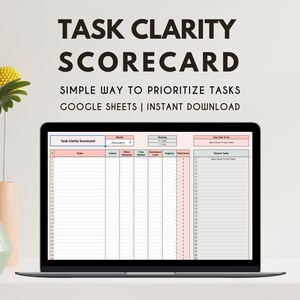 May include: A laptop displays a task clarity scorecard template. The screen shows a spreadsheet with columns for tasks, impact, effort, time needed, and urgency. Text at the top reads "TASK CLARITY SCORECARD".