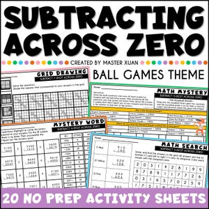 May include: A set of 20 printable worksheets for kids to practice subtracting across zero. The worksheets feature a baseball theme and include grid drawing, mystery word, and math search activities.