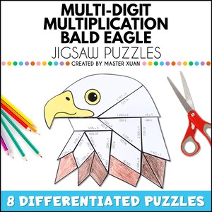 May include: A white bald eagle jigsaw puzzle with multi-digit multiplication problems. The puzzle is made of paper and has a yellow beak and eye. The image also includes colored pencils and scissors.