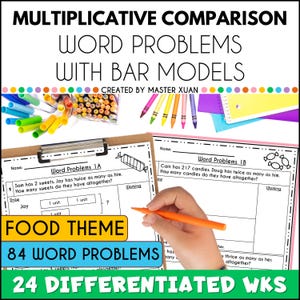 Op de afbeelding: Een werkblad getiteld "Multiplicatieve vergelijkingswoordproblemen met staafmodellen" met de tekst "Food Theme" en "84 Word Problems". De afbeelding bevat kleurrijke markers, kleurpotloden en een hand die een oranje marker vasthoudt.