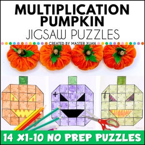 May include: Educational activity set titled MULTIPLICATION PUMPKIN JIGSAW PUZZLES by Master Xuan. Includes four fabric pumpkins, three pumpkin-shaped worksheets with multiplication problems, coloured pencils, and scissors for 14 x1-10 no prep puzzles.