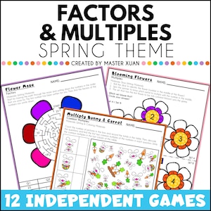 Puede incluir: Un conjunto de 12 juegos educativos imprimibles para niños con temática primaveral. Los juegos se centran en los factores y los múltiplos. Los juegos incluyen un laberinto de flores, flores en flor y multiplicar conejo y zanahoria.