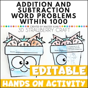 May include: A printable 3D strawberry craft for kids to practice addition and subtraction word problems within 1000. The craft features a strawberry basket with a smiling face and a name space for students to write their name. The craft includes a word problem and a space for students to show their work.